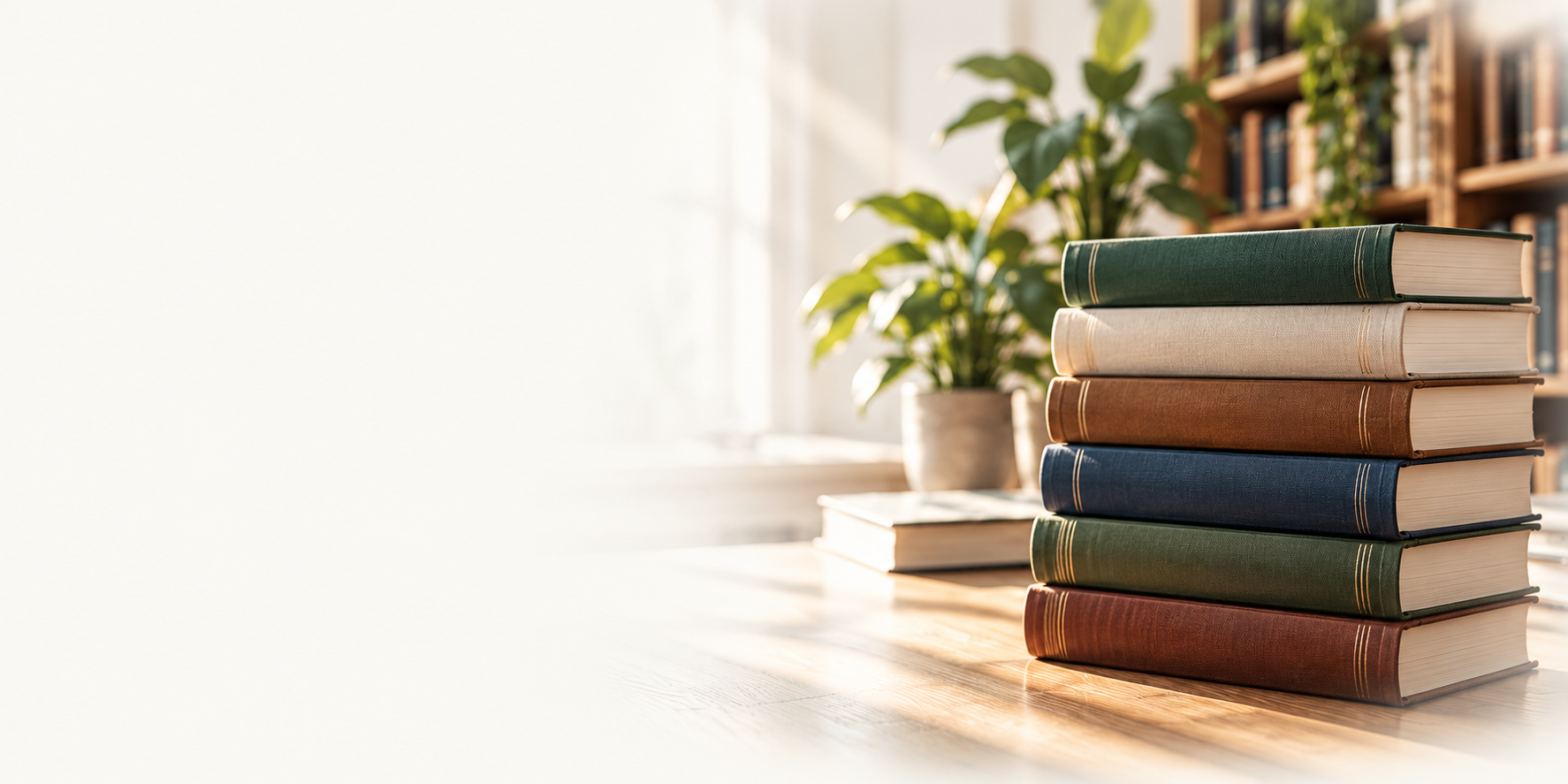 Книги на столе в библиотеке с зелёным растением — созданная иллюстрация